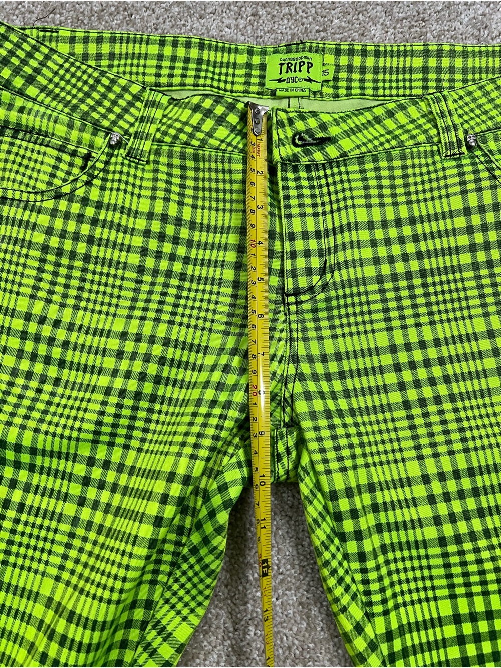 Tripp NYC Neon Lime Plaid Zipper Skinny Jeans .  Size 15 - Picture 8 of 10